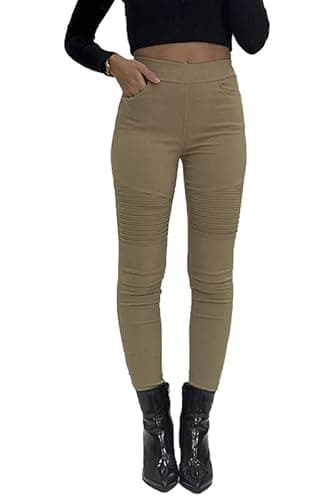 Image of Want Clothing - Women's Biker Style Ribbed Knee Denim Look Casual Skinny Stretch FIT Jeans Pants (as8, Alpha, s, m, Regular, Regular, Beige)