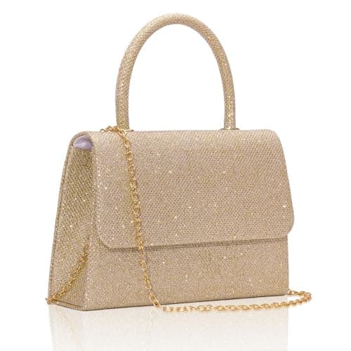 Image of Larcenciel Women's Clutches, Sparkly Champagne Gold Handbags for Women w/Detachable Chain, Top Handle Evening Clutch Bag, Elegant Crossbody Purse Shoulder Bag for Party Prom Wedding, 20x5x13cm