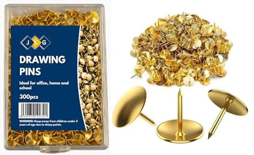 Image of JKG® 300 x Metal Drawing Push Pins - Gold Notice Board Push Pins | Pins For Cork Board, Bulletin Pin Thumb Tacks For Office Work Desk, Arts Crafts, Pin Art | Map Marking (In Plastic Box)