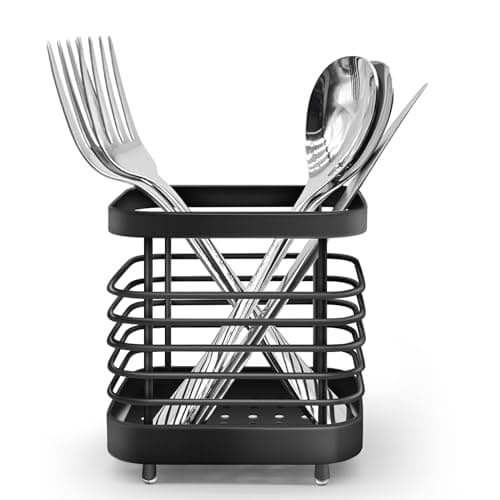 Image of Simpcozy Utensil Holder, Stainless Steel Cutlery Drainer Sink Caddy, Rust Proof Sink Tidy Kitchen Sink Organiser, Cutlery Organiser for Kitchen Utensil (Black)