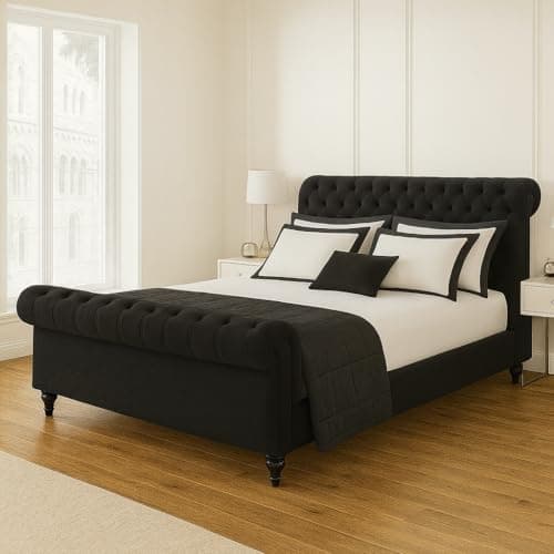 Image of Bed Croft Chesterfield Sleigh Bed - Upholstered in Plush Velvet Fabric - Mattress/Gas Lift Option - Uk Made - Double/King/Super King (Black Plush, Super King 6ft Bed Frame)