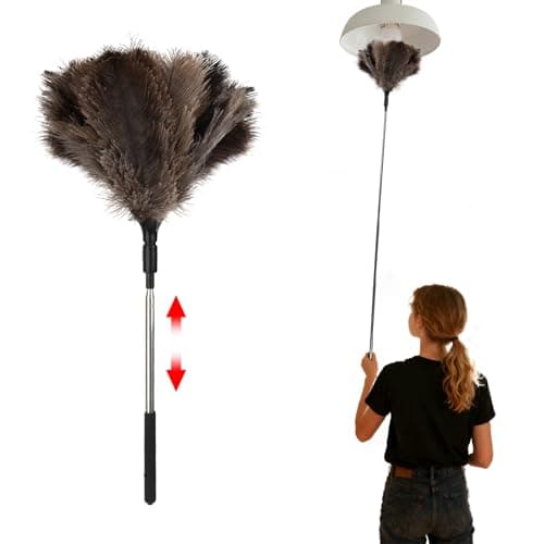 Image of Ostrich Feather Duster Extendable - 7-47in Ostrich Feather Dusters with Telescopic Handle, Reusable Long Duster for High Ceilings, Fans, Lights, Furniture, Cobwebs, Car, Office