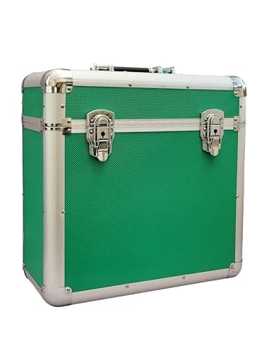 Image of MAGNA RETAIL Vinyl LP Storage Box | 12" Record Case | Heavy Duty Lockable Aluminium Box | Vinyl Record Storage | Large Capacity Holds Upto 50 | DJ Metal Case (Green)