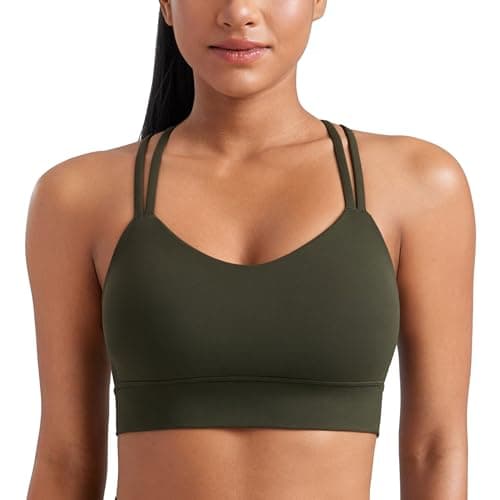 Image of CRZ YOGA Butterluxe Women's Strappy Sports Bra Molded A-D Cup Criss Cross Yoga Bra Padded Longline Workout Crop Top Olive Green M