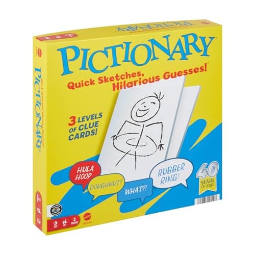 Image of Mattel Games Pictionary Family Board Game for Kids, Adults and Game Night for 2 Teams with Erasable Markers, Boards and Sand Timer, JDX96