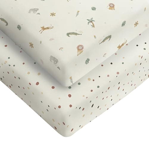 Image of Silentnight Safe Nights Fitted Sheet - Cot Bed Mattress - Breathable 100% Cotton Jersey - Super Soft Kind to Baby Skin - Secure Fit with Elasticated Corners - 2 Pack, Cot Bed, Safari