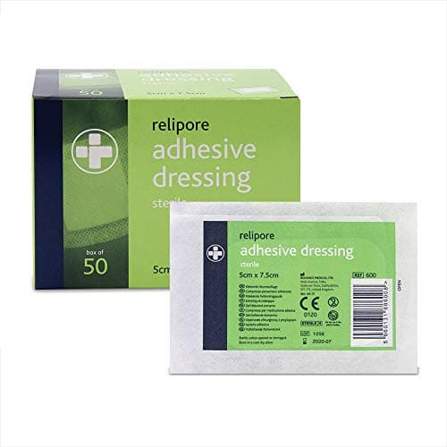 Image of Reliance Medical Relipore Sterile Adhesive Dressings - Ideal for Weeping or Surgical Wounds, Highly Absorbent, Low-Allergy, Individually Wrapped, 5 cm x 7.5 cm, Pack of 50