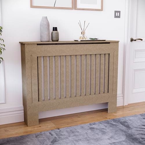 Image of Vida Designs Chelsea Radiator Cover Unfinished - Medium - Modern Vertical Slat Design For Optimal Heat Circulation - H82xW112xD19cm - Unpainted MDF Cabinet Ideal For Living Room & Hallway