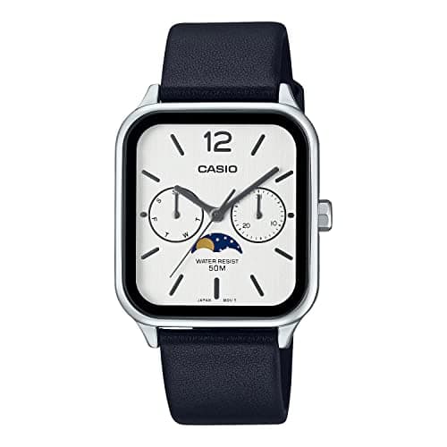 Image of Casio MTP-M305 Series Standard Moon Phase Analog Men's Watch, Overseas Model, Black Leather ?Silver MTP-M305L-7AV