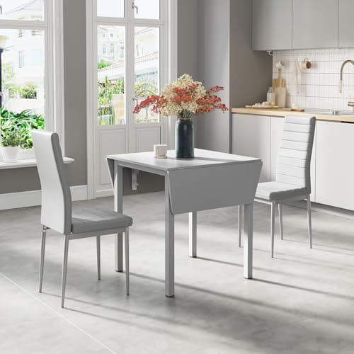 Image of JEFFORDOUTLET Dining Table and Chairs Set of 2, Drop Leaf Folding Kitchen Table With Grey PU Leather High Back Chairs for Dining Room,Kitchen