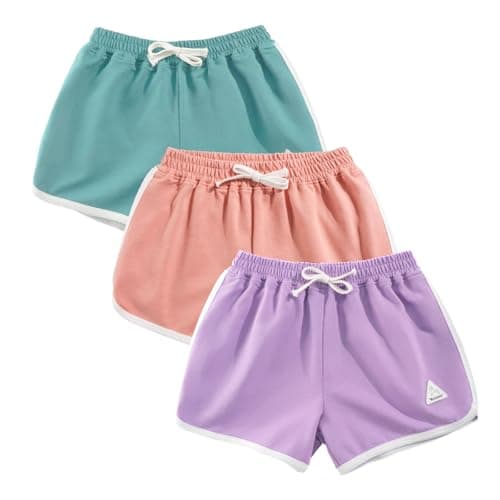 Image of Rolanko Girls Sports Shorts, Cotton Summer Contrast Binding Dolphin Short Pants, Kids Athletic Gym Wear for Running and Dancing, 3 Packs (Purple Pink Green, Size: 120, 5-6 Years)