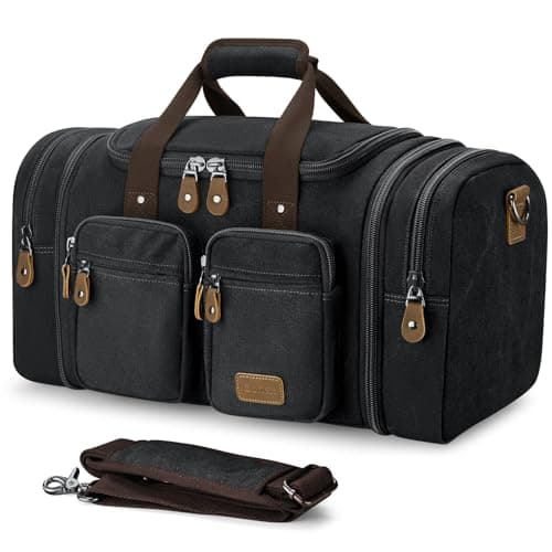 Image of Gonex Canvas Duffle Bag for Travel, Expandable Water Resistant 50L Carry on Duffel Overnight Weekender Gym Bag with Wet Dry Separation Pocket & Suitcase Handle Sleeve, Dark Grey, Large-50L