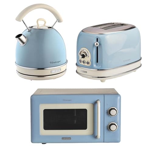 Image of Ariete Vintage Breakfast Set, Retro 2-Slice Toaster with 6 Browning Levels, 2000W Fast-Boil Kettle & 800W Microwave, Blue