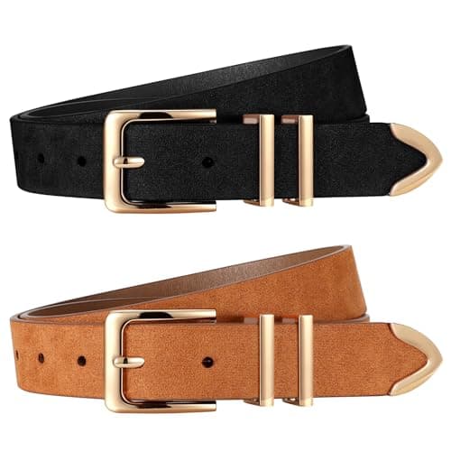 Image of XZQTIVE 2 Pack Women Suede Belts For Jeans Dresses Pants Ladies Fashion Leather Waist Belt with Gold Buckle