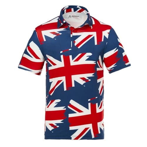 Image of Royal & Awesome Funny Mens Union Jack Golf Polo Shirt, Crazy Colourful British Flag Patterned Golf Top for Men, Stretch Fit, Large
