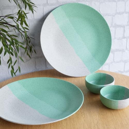 Image of The Earth Store Handcrafted Tritone Green Matte 2 Ceramic Dinner Plate with 2 Serving Bowl - Microwave & Dishwasher Safe Plate and Bowl | Ceramic Plates for Dinner Set | Full Plates | Serving Bowl