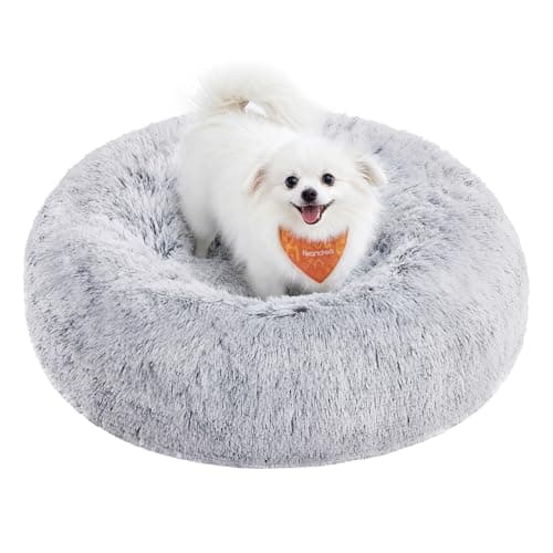 Image of Feandrea Fluffy Dog Bed, Cat Bed, Doughnut Cushion, Washable, Removable Padding in the Centre, Long Plush, 60 cm Diameter, Ombre Grey PGW038G01