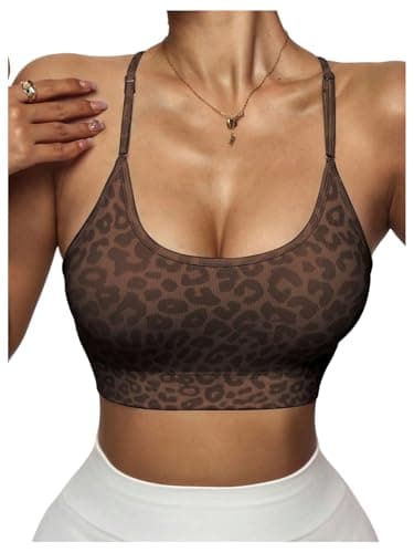 Image of GORGLITTER Women's Leopard Sports Bras Adjustable Straps Crisscross Back Scoop Neck Wireless Yoga Gym Workout Crop Top Coffee Brown M