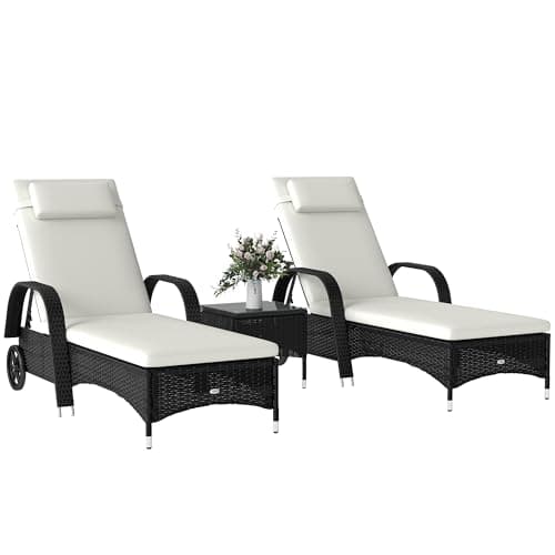 Image of Outsunny Rattan Sun Loungers Set of 2 with Side Table, 3-Piece Garden Furniture Set, Adjustable Recliner Sunlounger Sunbed with Cushions & Headrest, Wheels, Outdoor Patio Daybed, Black