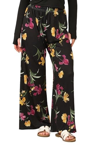 Image of INSAFIANS Ladies Floral Printed Palazzo Wide Leg Trousers Elasticated Waist Loose Pants (Floral - Black 3XL Long)
