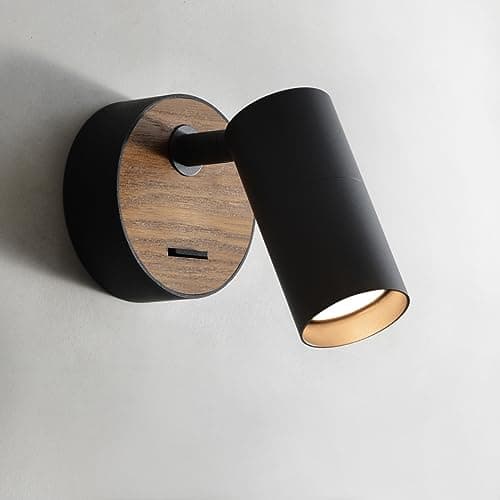 Image of ouglres Wood Wall Lamp with Switch,Wall Light Indoor Vintage,Black Aluminum Lampshade Rotatable,Bedside Lamp,Wall Sconce Light Hardwired Industrial for Bedroom Lighting Living Room Hallway,Gu10,1Pack