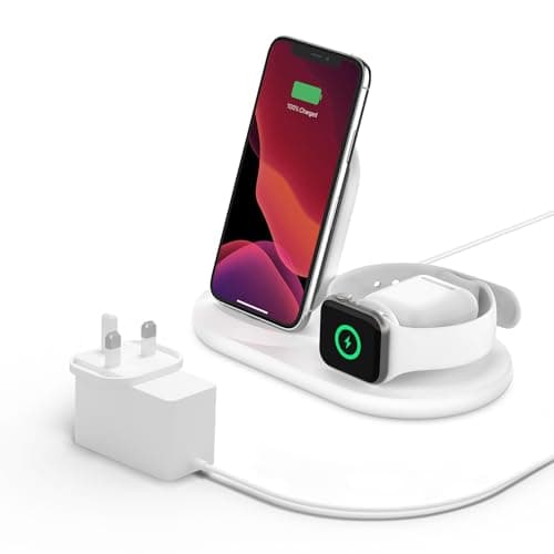 Image of Belkin 3-in-1 Wireless Charger (7.5W Charging Station for iPhone, Apple Watch and AirPods) Charging Dock, Apple Watch series 8, 7, 6 Charging Stand - White