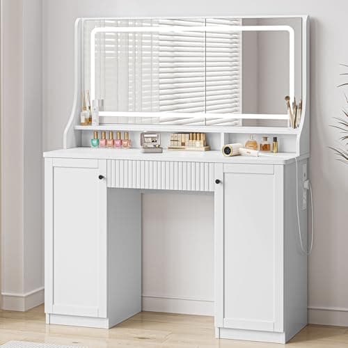 Image of Dripex Dressing Table with Large Mirror and LED Lights, Bedroom Makeup Vanity Desk with Power Strip, 3-Color Dimmable Lights, 1 Drawer, 2 Cabinets, 3 Open Compartments,110x40x135cm, White