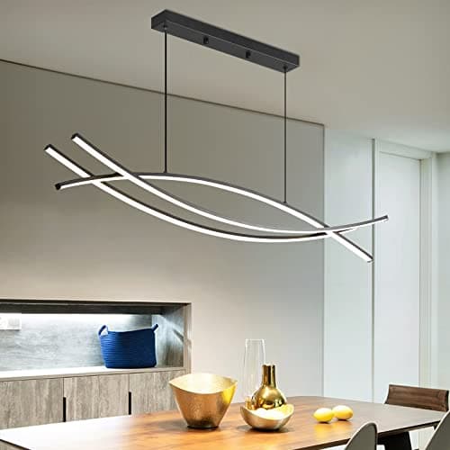 Image of Mikeru 120CM Adjustable Pendant Light, Black Modern LED Ceiling Lights Dimmable 10% to 100% Kitchen Island Lighting 3000K/4500K/6000K 3 Color Chandeliers for Dining, Living Room