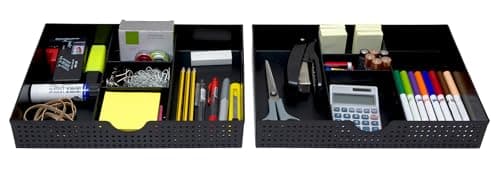 Image of Amtido Desk Drawer Organiser Tray for Office Stationary Supplies & Accessories - Sleek 3 Compartments Stationery Organisers with 2 Adjustable Dividers - Black Desk Tidy Organiser - 2 Pack