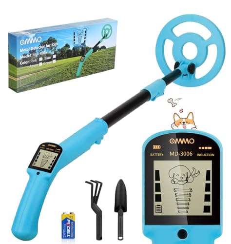Image of OMMO Metal Detector Kids, Adjustable Stem18.3''-37.8'' Metal Detectors with LCD Display, Lightweight Kids Metal Detector with 6'' Waterproof Search Coil, Beginners Gold Detector with Shovel and Rake