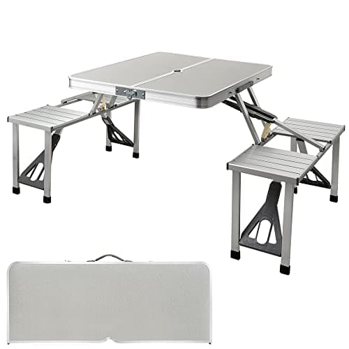 Image of Hedii Portable Folding Camping Picnic Table and Chairs One Piece Design Set, Aluminum Foldable Table + 4 Stools, For Home Party Field Kitchen Outdoor Garden BBQ