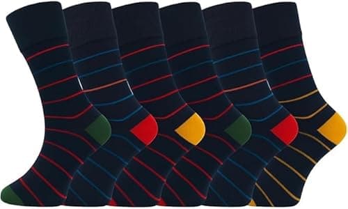Image of SOAKSPACE Non-Elastic Dress Socks, Navy Blue with Multicolored Stripes, Cotton Blend, Size 6-11, Non-Binding Top Band, Stretchable Design, Mid-Calf Length, 6 Pairs