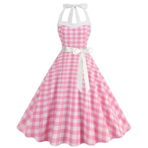 Image of maxToonrain Dresses for Women UK Party Wear,Womens 1950s 80s 70s 90s Fancy Dress A Line Spaghetti Strap Polka Dot Midi Party Dress Halloween Costumes for Adults Ladies(B-Pink,L)