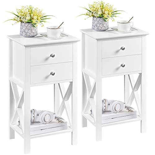 Image of Yaheetech Tall Bedside Table Set of 2, X-shaped Bedside Cabinet with 2 Drawers & Shelf, Narrow Nightstand Telephone Sofa Side End Table for Bedroom Living Room Small Space, 40×30×70cm, White