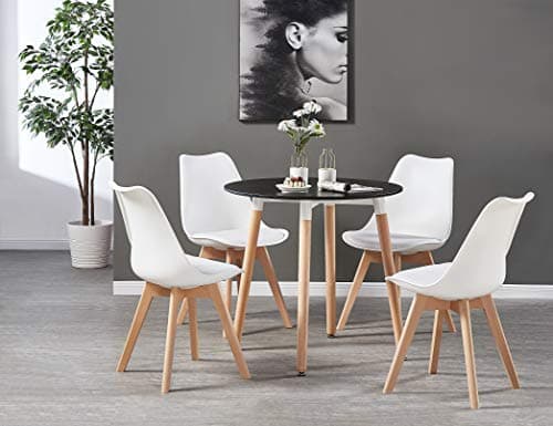 Image of Life Interiors Dining Room Table Set for 4-80 cm Round Table & Dining Room Chairs Set of 4 with Cushions - PU Padded Seat w/Solid Wood Legs - Modern Round Dining Set - White/Black