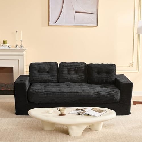 Image of Litbird 3 Seater Couch for Living Room, Space-Saving Boneless Sofa in a Box with Cushions & Cup Holders, Corduroy Floor Sofa with Backrest, No Assembly Required, for Small Spaces & Teens, Black