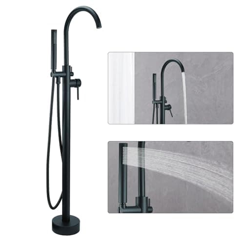 Image of FBUKE Free Standing Tub Taps, Floor Mount Freestanding Bath Tap, Brass Stand Alone Bathtub Filler, High Flow Bathtub Shower Mixer Tap, Matte Black