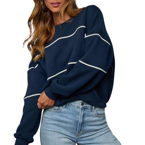 Image of LACOZY Womens Casual Crewneck Sweatshirts Long Sleeve Oversized Trendy Contrast Stitching Spring Pullover Top Navy Blue L