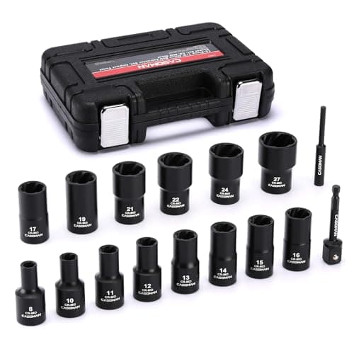 Image of CASOMAN 16PCS 1/2" Drive Metric ImpactBolt and Nut Extractor Socket Set, Stripped Lug Nut Remover Include Hex Shank Adapter & Pin Bar, for Removing Damaged Rusted Broken Rounded Fasteners Off, CR-MO