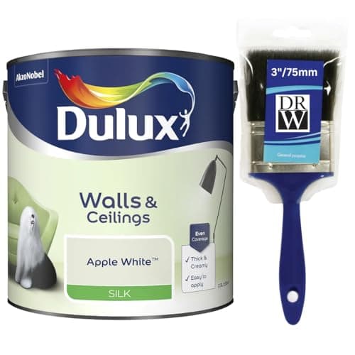Image of Apple White Walls & Ceilings Silk Emulsion Paint 2.5L + 3" Emulsion Paint Brush – Smooth Washable Silk Finish, Quick Dry, Low-VOC, Easy Application for Interior Walls & Ceilings