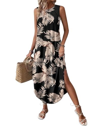 Image of Zeagoo Womens Summer Dress Casual Sleeveless Long Dresses Beach Floral Holiday Dress Elegant Crew Neck Sundress with Split and Pockets Black Khaki M