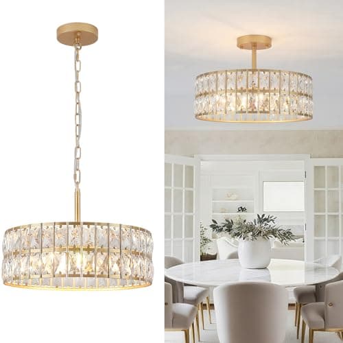 Image of Rviezza Modern Gold Crystal Ceiling Pendant Lighting, 5-Light Vintage Metal Semi-Flush Mount Hanging Light, Gold Chandelier with Round Crystal Shade and Adjustable Metal Chain, E14 Dimmable Socket