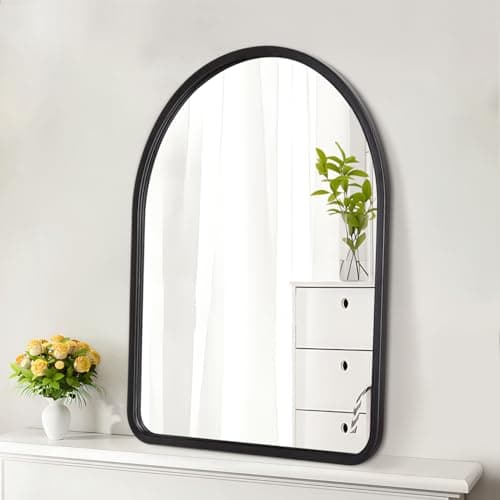 Image of HLFMVWE Black Arch Wall Mirror, Wood Framed Wall Mounted Mirrors, Farmhouse Decorative Vintage Hanging Mirror for Bathroom Living Room Bedroom Hallway 65L x 45W cm