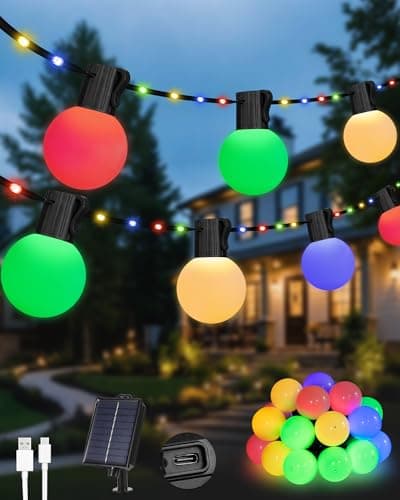 Image of NWPUSZ Solar Garden String Lights Outdoor, 33Ft/10M 100LEDs Solar Powered Fairy Lights with 20 Shatterproof G40 Bulbs, 8 Modes Waterproof USB/Solar Festoon Lights for Fence Camping Decor (Multicolor)
