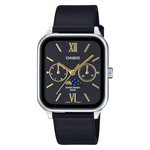 Image of Casio MTP-M3 Series Standard Moon Phase Analog Men's Watch, Black Leather x Black MTP-M305L-1A2V, Waterproof