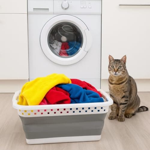 Image of Harbour Housewares 42L Collapsible Laundry Basket - White/Grey - 1x Large Plastic Foldable Folding Pop Up Space Saving Washing Storage Clothes Container Organiser Hamper Bin with Handles