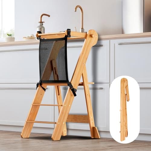 Image of COSYLAND Foldable Kids Step Stool with Safety Mesh – Height-Adjustable Standing Stool for Counter & Sink – Space-Saving Wooden Design (Natural)