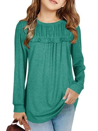 Image of Haloumoning Girls' T-Shirts, Tunic, Ruffles, Long-Sleeved Shirts, Leisure, Loose Tops, Cute Children's Soft Blouse, Green, 12-14 Years