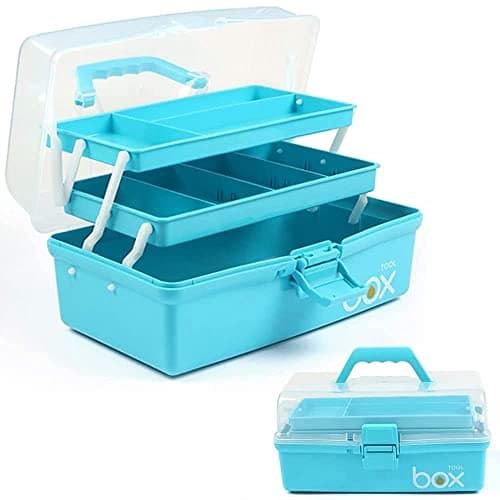 Image of Creahaus 12in 3 Layer Multipurpose Storage Box/Craft Storage Boxes With Compartments/Plastic Tool Box/Medicine Storage Box/Hair Accessories Organiser/Sewing Box with 2 Trays (Blue)