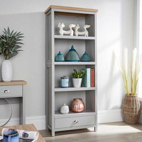 Image of Home Source Tall Bookcase Display Unit, 4 Bookshelves, 1 Storage Drawer, Oak Effect, Grey